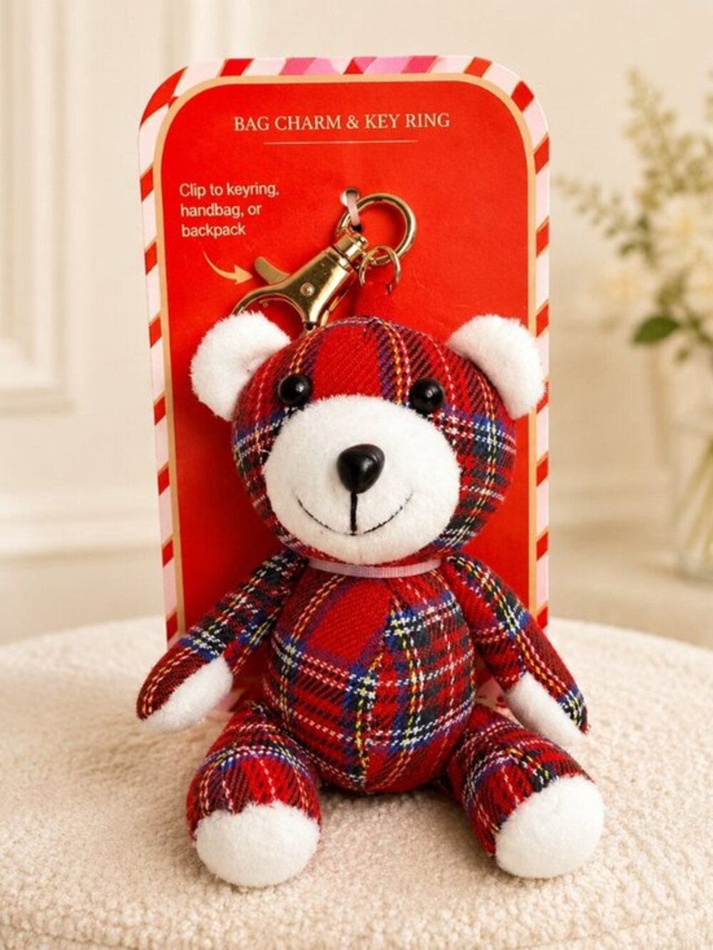 Red Tartan Plaid Teddy Bear Bag Charm Plush Keychain Clip NWT